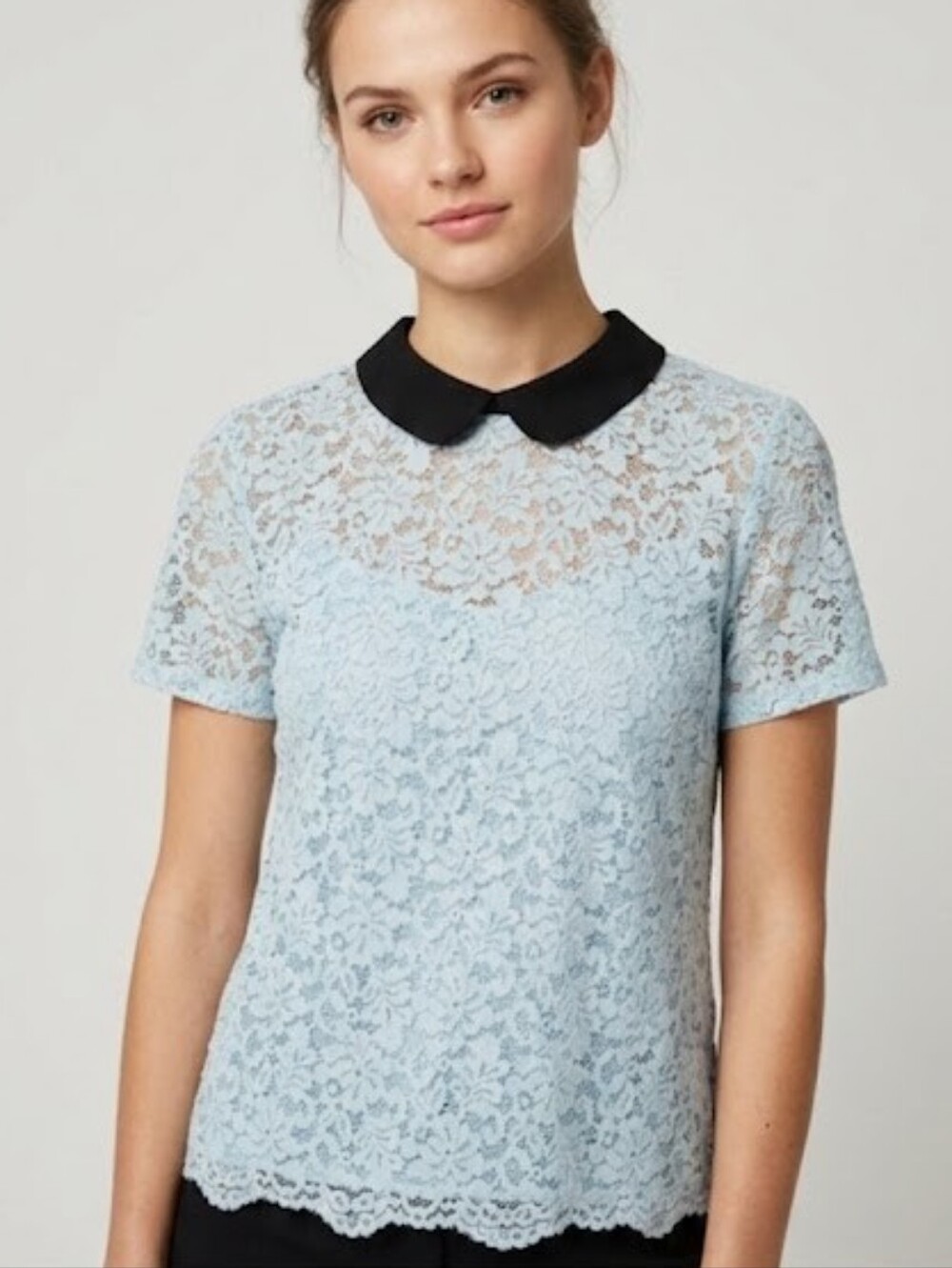 Zara Powder Blue Lace Blouse Black Peter Pan Collar Size S